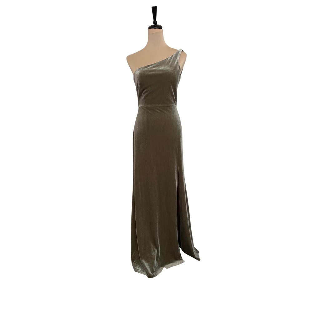 Jenny Yoo Collection Olive Green Velvet One Shoulder Maxi Gown Dress Size 4